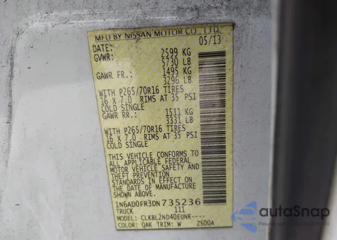 2013 Nissan Frontier Sv из США, поврежденный, VIN 1N6AD0FR3DN735236